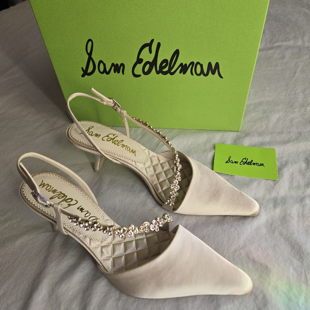 Sam Edelman Bonnie Slingback Pointed Toe Pump Ivory Satin Jeweled Heels